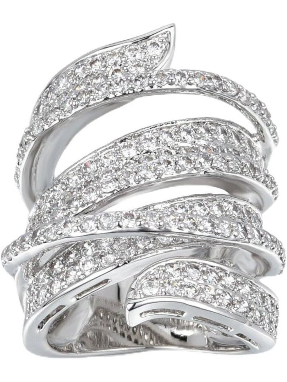 Rhodium Plated Wide Band Cocktail Ring with Sparkling Cubic Zirconia Stones